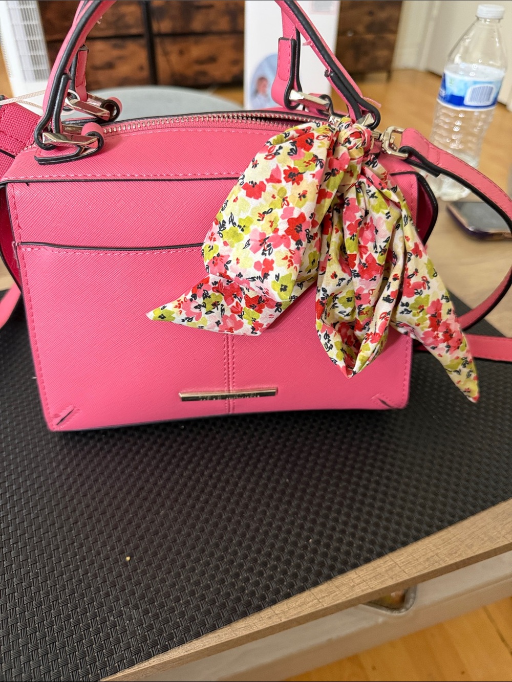 Pink Women's Structured Satchel Handbag with Floral Scarf